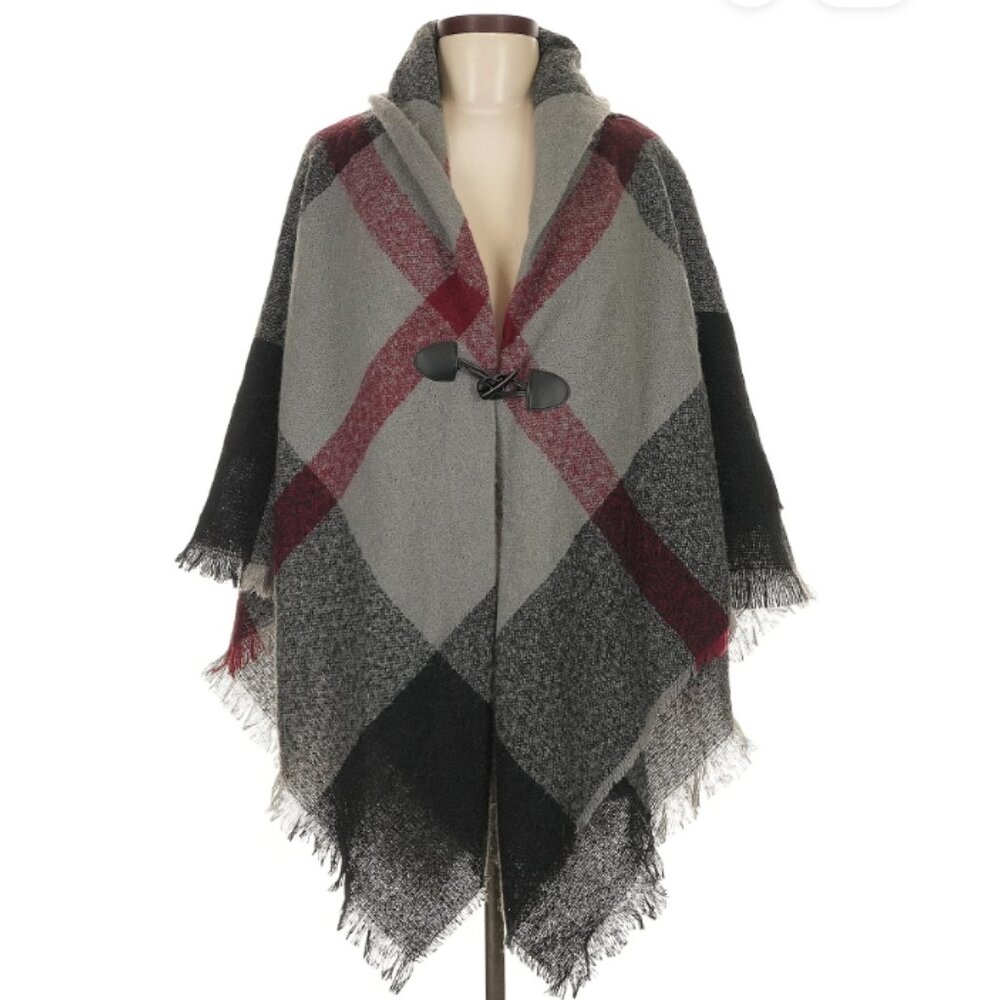 Modena Cape Wrap Poncho in Gray, Burgundy and Black